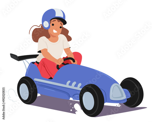 Young Girl In A Blue Racing Helmet Drives A Sleek Blue Pedal Car With A Focused Expression, Little Kid Character