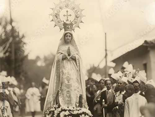 Celebration of faith as Catholic followers carry statue of the Virgin Mary in a procession. photo