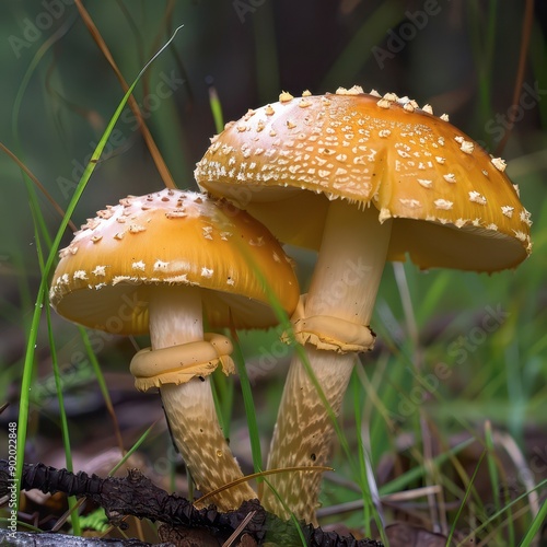 Bright Yellow Mushrooms Growing Among Green Grass in a Forest During Autumn