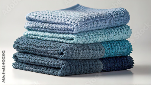 A stack of high-quality waffle-textured kitchen towels in different shades, neatly stacked on top of each other,