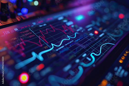 A computer monitor displays a graph of some sort, with a red line in the middle