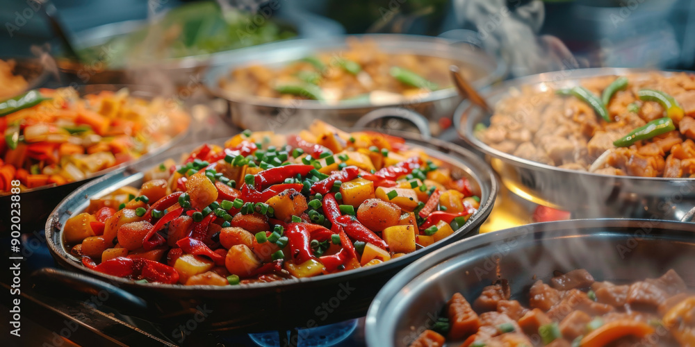 A vibrant display of various cooked dishes in large pans, featuring fresh vegetables and garnished with green onions. A vibrant display of various cooked dishes in large pans, featuring fresh vegetables and garnished with green onions.