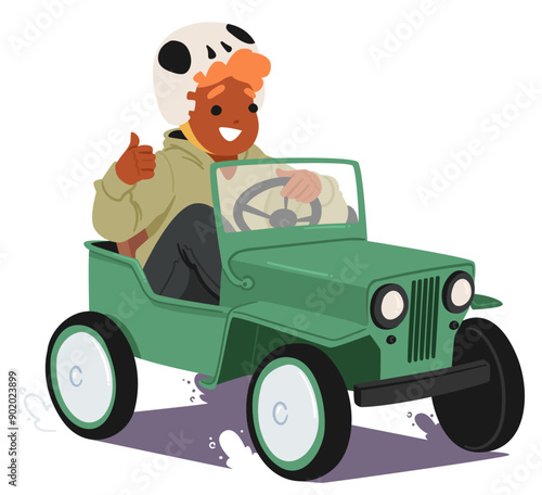 Young Child Wearing A Skull Helmet Joyfully Steers A Green Vintage Pedal Car, Showing Excitement And Happiness