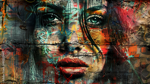 A woman's face is painted with graffiti and graffiti art © mila103