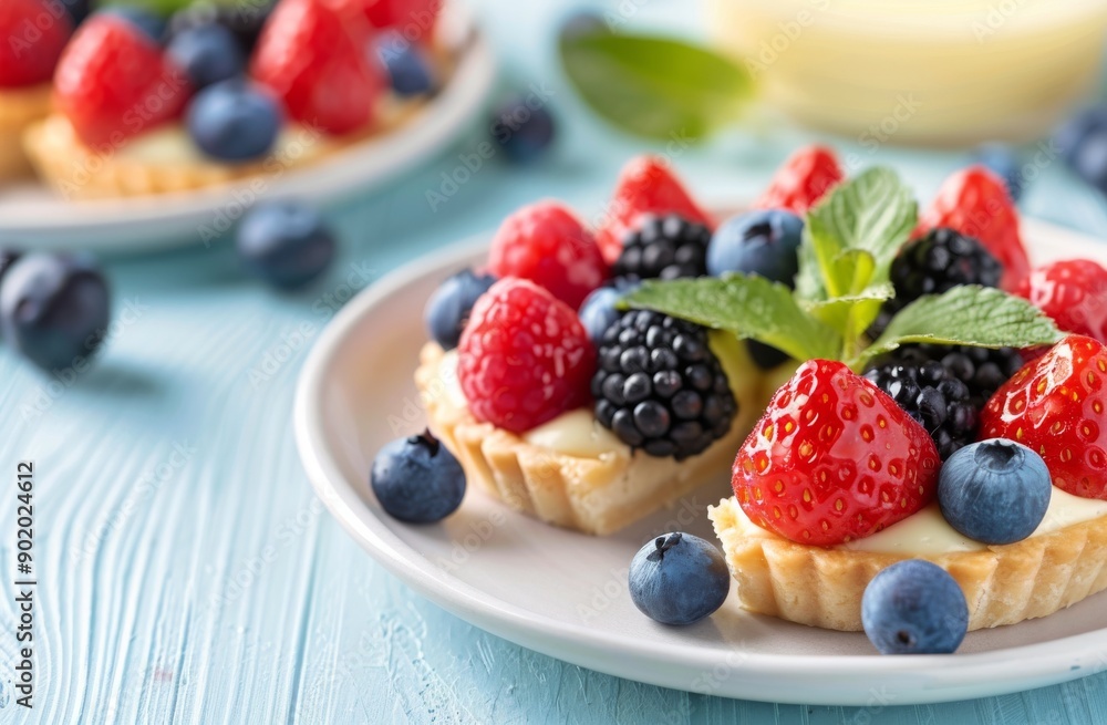 Strawberry and Blueberry Tart on Blue Table Strawberry and Blueberry Tart on Blue Table