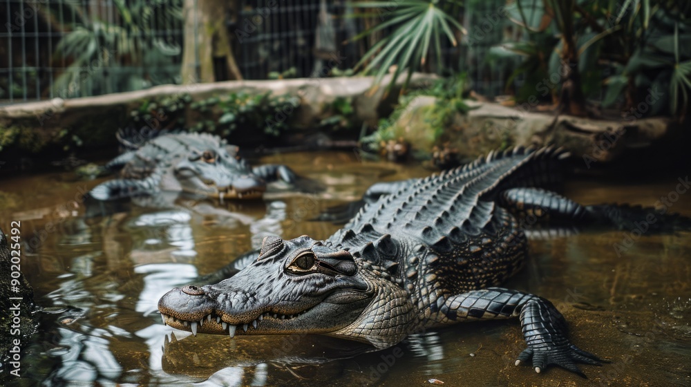 Two baby alligators are swimming in a pond Two baby alligators are swimming in a pond