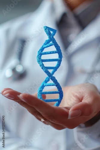 Hand Holding a Glowing Blue DNA Strand