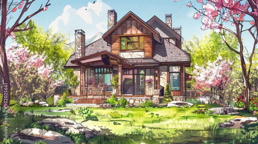 A picturesque country house surrounded by a vibrant spring garden A picturesque country house surrounded by a vibrant spring garden