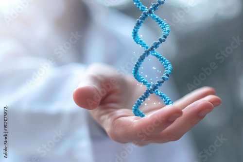 Hand Holding a Glowing Blue DNA Strand