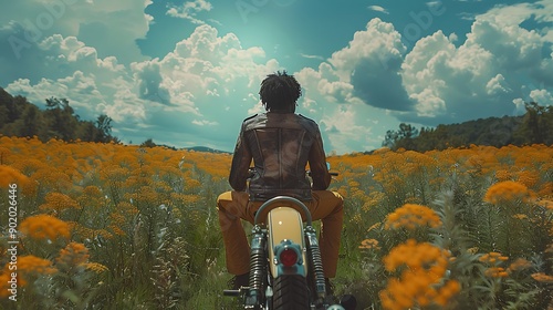 African American man on a motorbike trip through the Ozark Mountains USA photo