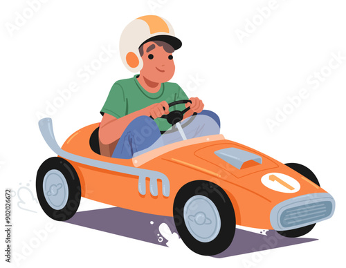 Cheerful Boy In A White Helmet Races In An Orange Pedal Car Designed Like A Vintage Racer. Little Kid Enjoying Races