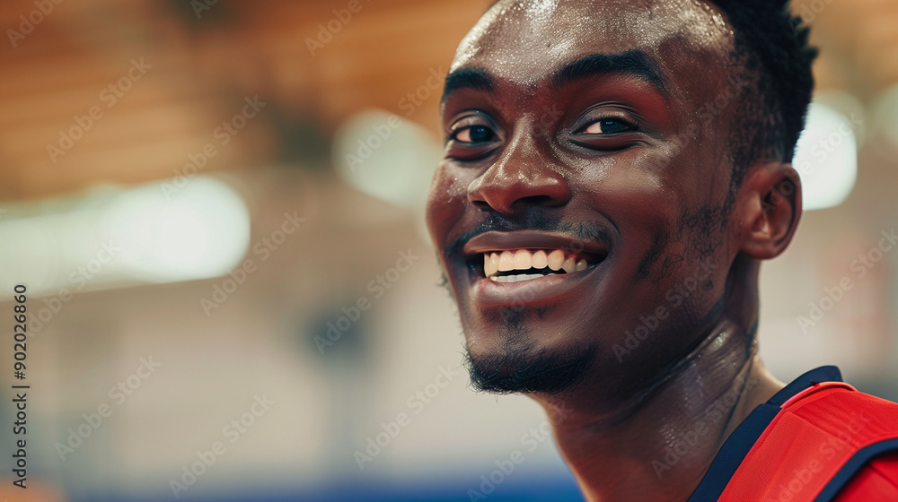 Joyful Basketball Player Enjoying a Game While Smiling in a Gym Joyful Basketball Player Enjoying a Game While Smiling in a Gym