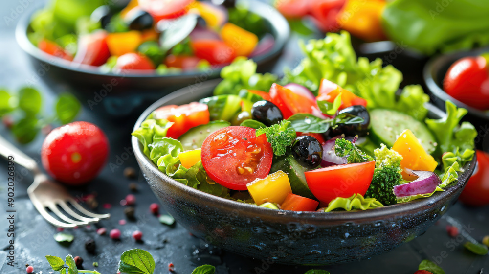 Close-up of a fresh vegetable salad with cherry tomatoes, cucumbers, olives, and lettuce in a dark bowl on a table. Close-up of a fresh vegetable salad with cherry tomatoes, cucumbers, olives, and lettuce in a dark bowl on a table.