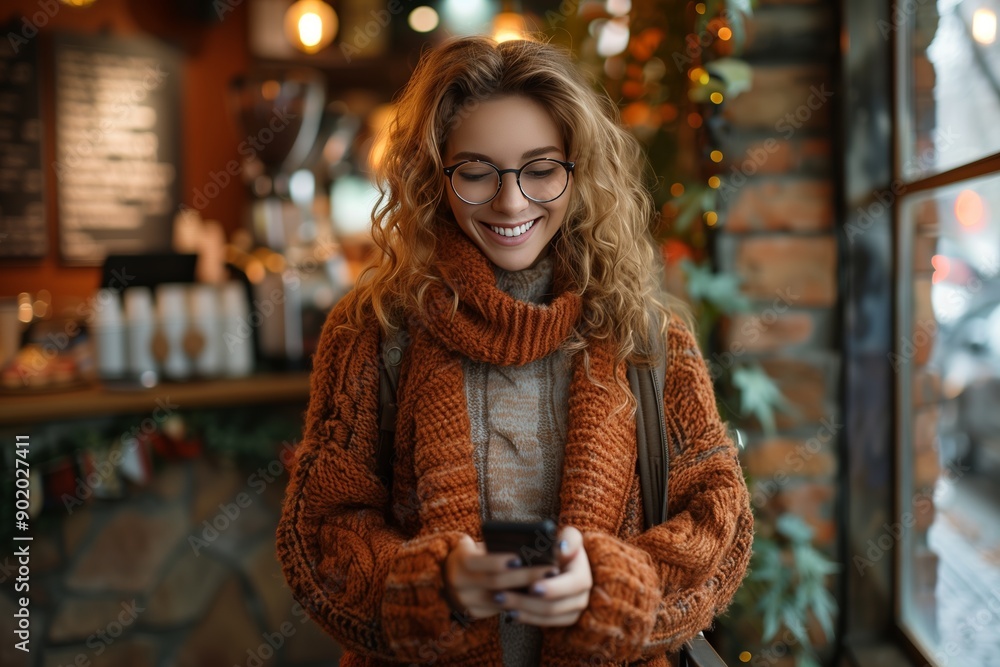 Joyful Break: Woman Enjoying Coffee and Connection at a Cozy Cafe Joyful Break: Woman Enjoying Coffee and Connection at a Cozy Cafe