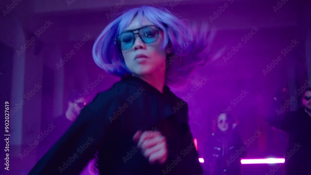 Cyberpunk: Asian woman with purple hair dancing in front of a crowd at a shady lost place Cyberpunk: Asian woman with purple hair dancing in front of a crowd at a shady lost place