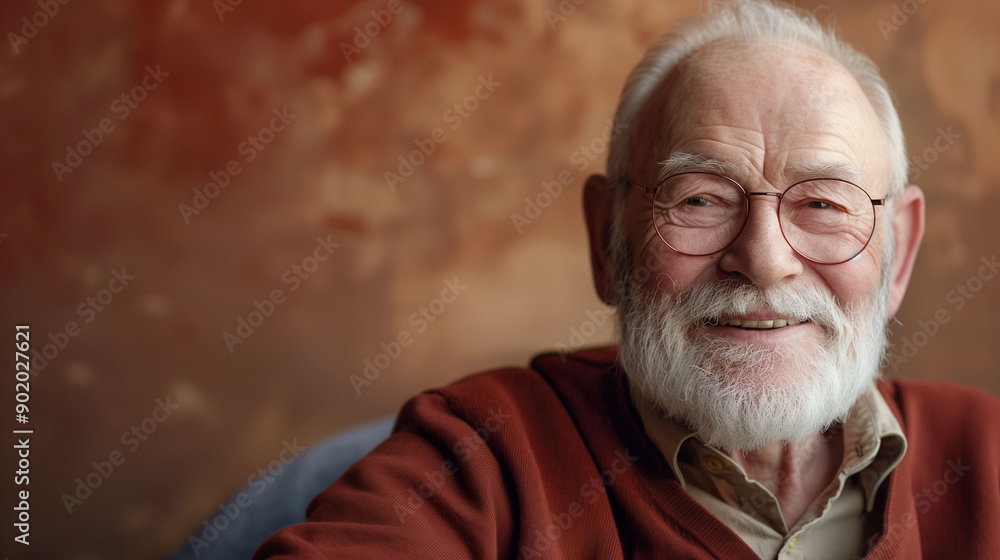 Content elderly man sitting and smiling cheerfully in a cozy indoor setting during the day Content elderly man sitting and smiling cheerfully in a cozy indoor setting during the day
