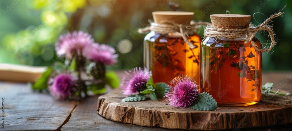 Burdock herb extract in jars with Burdock on table free space for text photography. Jars with fresh Burdock Extract. Burdock herb extract in jars with Burdock on table free space for text photography. Jars with fresh Burdock Extract.