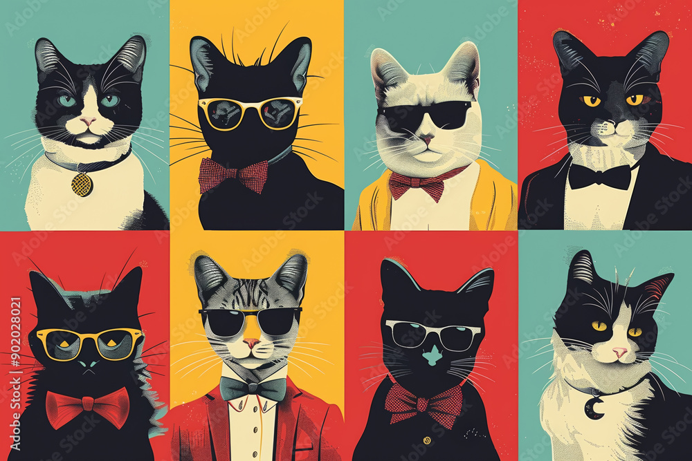 A colorful image of cats wearing sunglasses and ties A colorful image of cats wearing sunglasses and ties