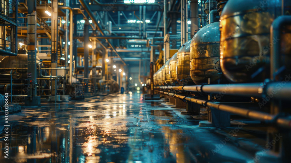 Dimly lit industrial factory with wet floors and metallic structures, creating a dramatic and atmospheric nighttime scene. Dimly lit industrial factory with wet floors and metallic structures, creating a dramatic and atmospheric nighttime scene.