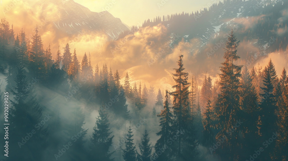 Fototapeta premium A forest with trees covered in mist and fog