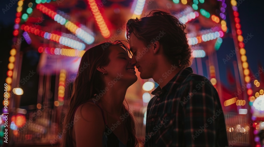 A close-up shot of a young couple enjoying a passionate kiss at a funfair ground arcade during the evening hours of the night, with rides and lights in the background A close-up shot of a young couple enjoying a passionate kiss at a funfair ground arcade during the evening hours of the night, with rides and lights in the background