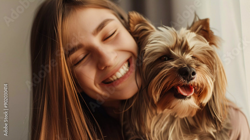 Beautiful girl hugs and cuddles beloved Yorkshire Terrier dog. Woman and doggy laugh together. Human-animal friendship. Happy together. Canine life.