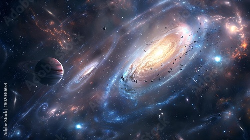 Stunning cosmic scene with swirling galaxies