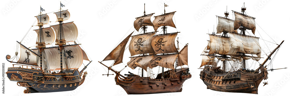 Fototapeta premium Set of pirate ship with an ornate figurehead and detailed hull isolated on transparent background (3)