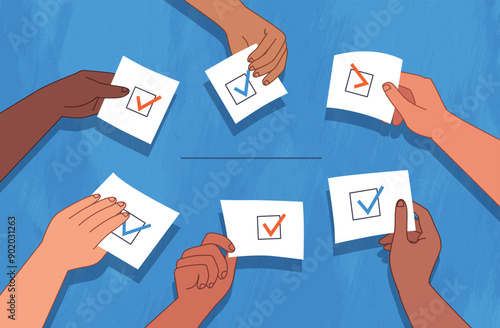 People vote. Different hands hold papers with votes. Election day