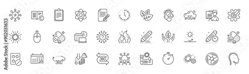 Work time, Article and Coronavirus line icons. Pack of Covid test, Cobalt mineral, Clipboard icon. Gears, Swipe up, Timer pictogram. Sun protection, 360 degree, 360 degrees. Line icons. Vector