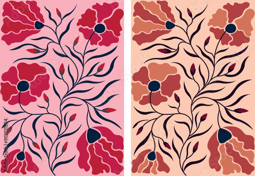Postcard with flowers. Stylized flowers. Postcard in flesh tones. Sticker with flowers.