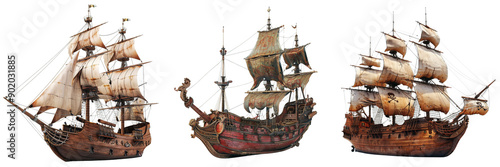 Set of pirate ship with an ornate figurehead and detailed hull  isolated on transparent background