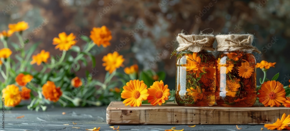 Fresh Calendula Extract. Cosmetic cream lotion oil with natural fresh Calendula. Photo texture. Horizontal banner postcard background. Fresh Calendula Extract. Cosmetic cream lotion oil with natural fresh Calendula. Photo texture. Horizontal banner postcard background.
