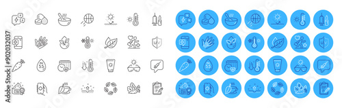 Sun protection, Sunscreen and Stress line icons pack. Vegetables, Cardio calendar, Veins web icon. Basketball, Medical vaccination, Weather thermometer pictogram. Clean skin. Vector