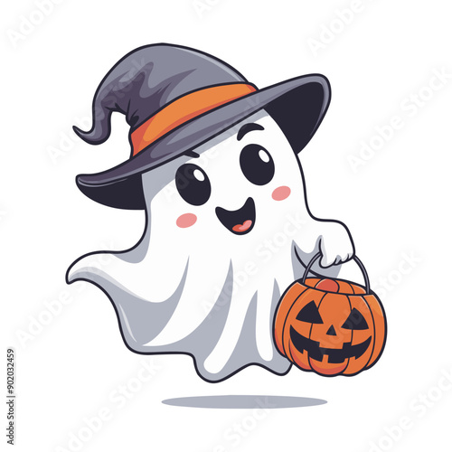 A ghost wearing a witch hat and holding a pumpkin basket smiles cheerfully