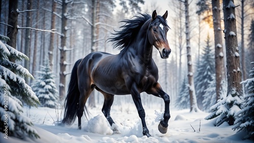black horse in winter