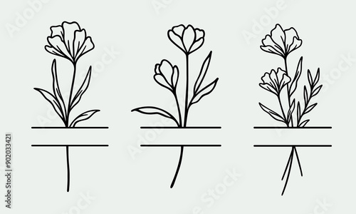 Floral Split Borders | Decorative Wildflower Line Art | Vector Botanical Frames | Nature Flower Set