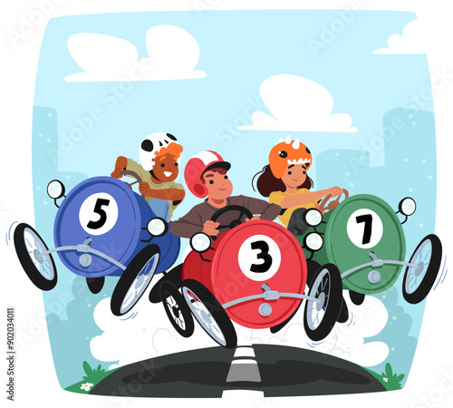 Joyful Race Scene With Three Children In Colorful Pedal Cars Numbered 5, 3 And 7, Showcasing Vibrant Action