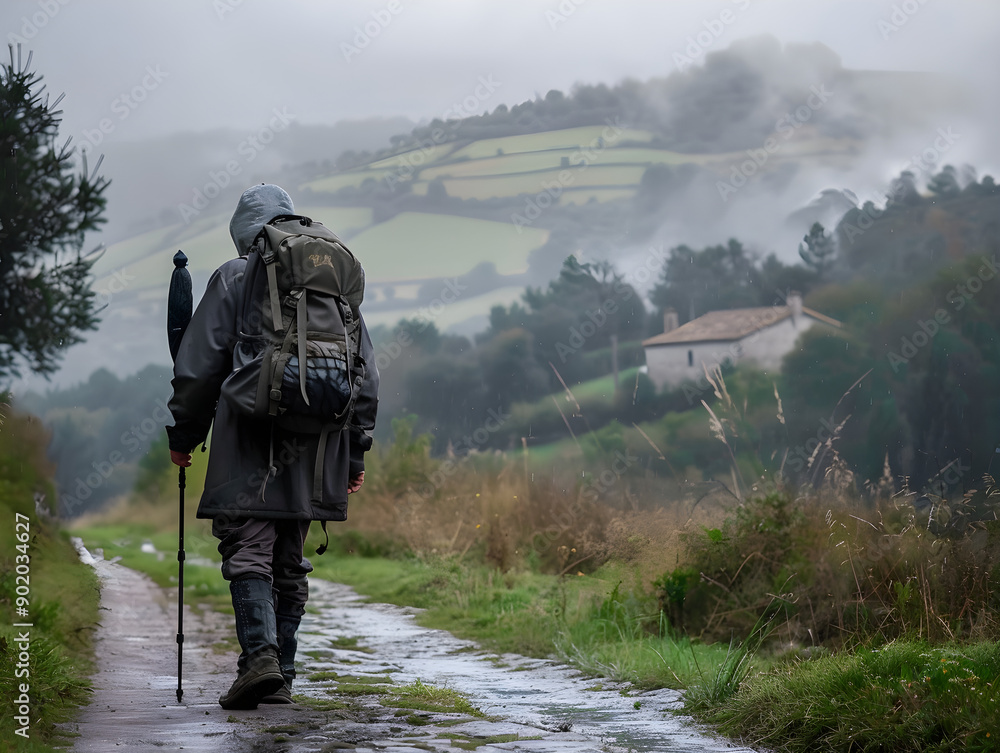 Christian pilgrim walking Camino de Santiago with backpack, hat, and walking stick along dusty path. Christian pilgrim walking Camino de Santiago with backpack, hat, and walking stick along dusty path.