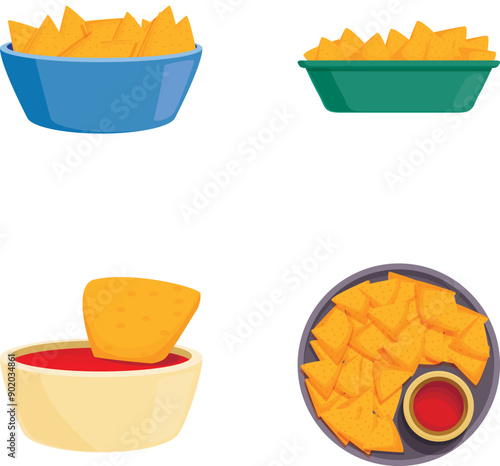 Colorful illustration featuring different bowls of tortilla chips and dip options