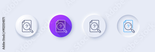 Search document line icon. Neumorphic, Purple gradient, 3d pin buttons. Help book sign. Instruction manual symbol. Line icons. Neumorphic buttons with outline signs. Vector