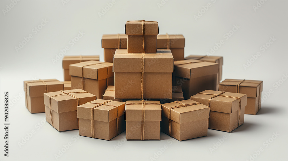 Cardboard boxes stacked in a parcel delivery featuring brown packaging containers wrapped securely Cardboard boxes stacked in a parcel delivery featuring brown packaging containers wrapped securely