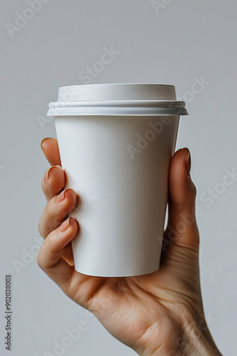 coffee mock up, Paper cup, takeaway coffee, fresh cappuccino, aromatic espresso, hand, white background shop with copy space,