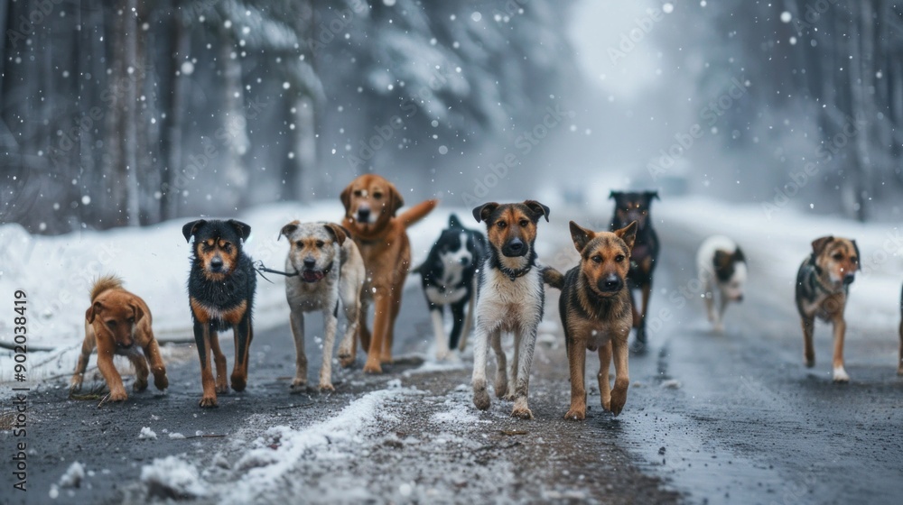 A group of dogs are running down a snowy road A group of dogs are running down a snowy road