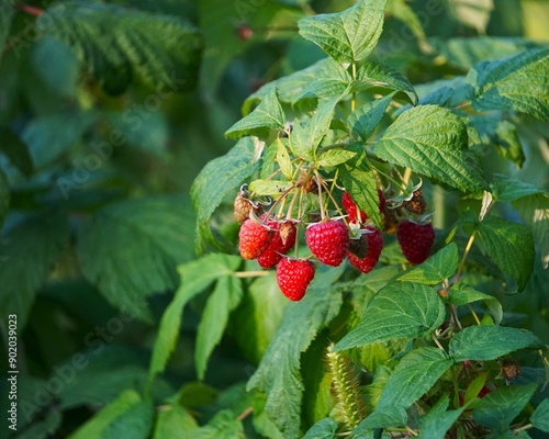 Raspberries growing on a bush. Organic raspberry cultivation in the countryside. Juicy raspberries ripen on the vine.
