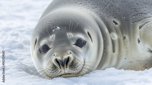 A seal is laying on the snow with its eyes closed