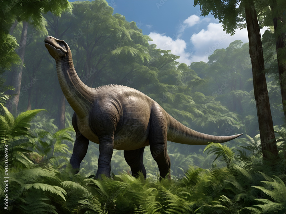 Fototapeta premium Image of dinosaur similar to Apatosaurus on the background of prehistoric landscape with trees.