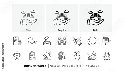 Stress, Victory and Fake news line icons. Pack of Calendar, Inspect, Hourglass timer icon. Chat message, Music, Disaster pictogram. Breathing exercise, Phone video, Fake information. Vector