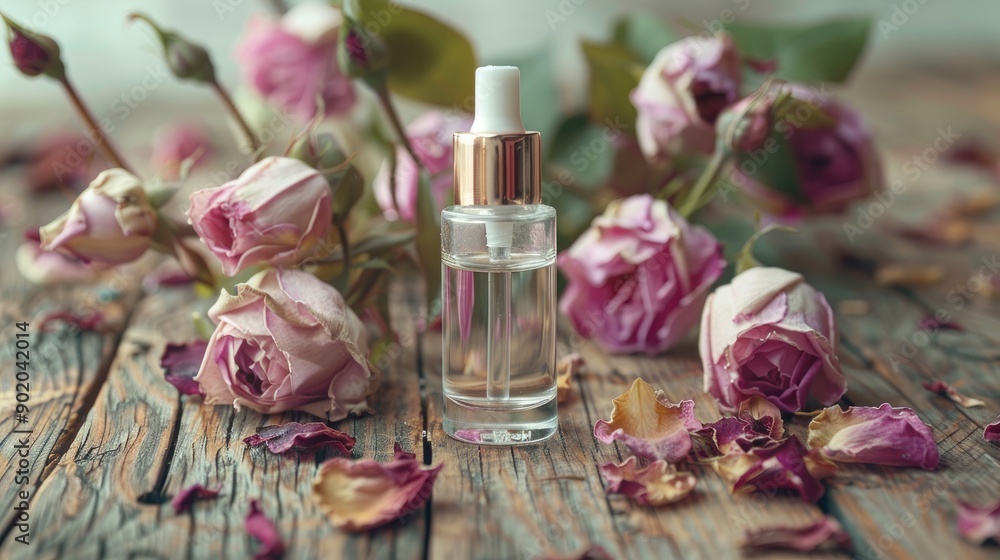 Natural cosmetic product in small glass bottle with dried pink roses on wooden background Natural cosmetic product in small glass bottle with dried pink roses on wooden background