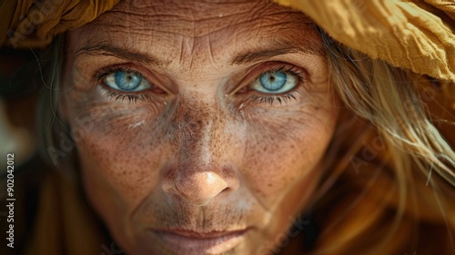 Woman in her 40s, wearing a scarf on her head, flying in the wind, close-up of her face, beach